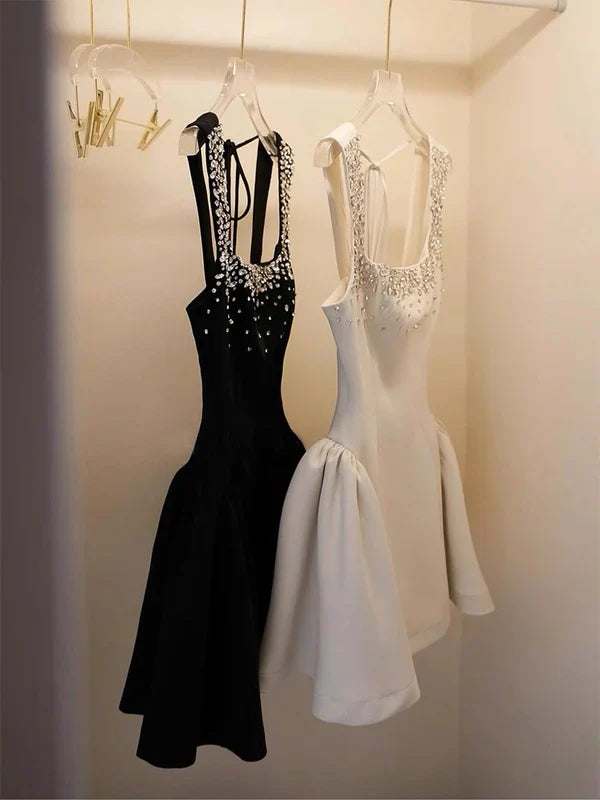 Classic Black Shiny Rhinestone A Line Straps Satin Short Homecoming Dress Cocktail Dress SH3725