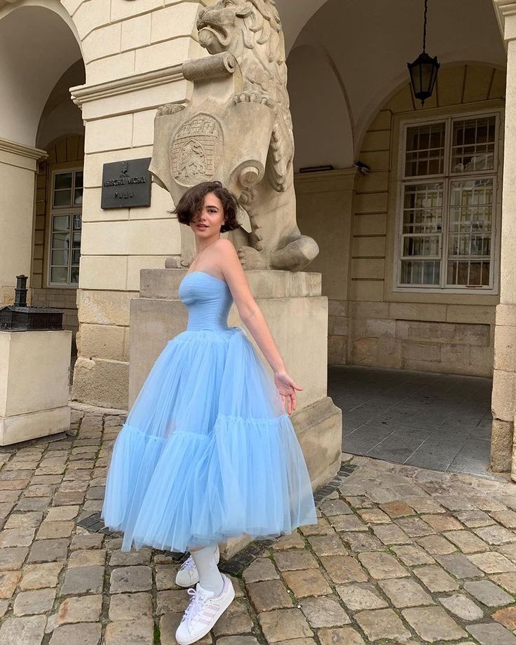 Baby Blue A Line Strapless Tulle Prom Dress Wedding Guest Dress Birthday Dress SH4441