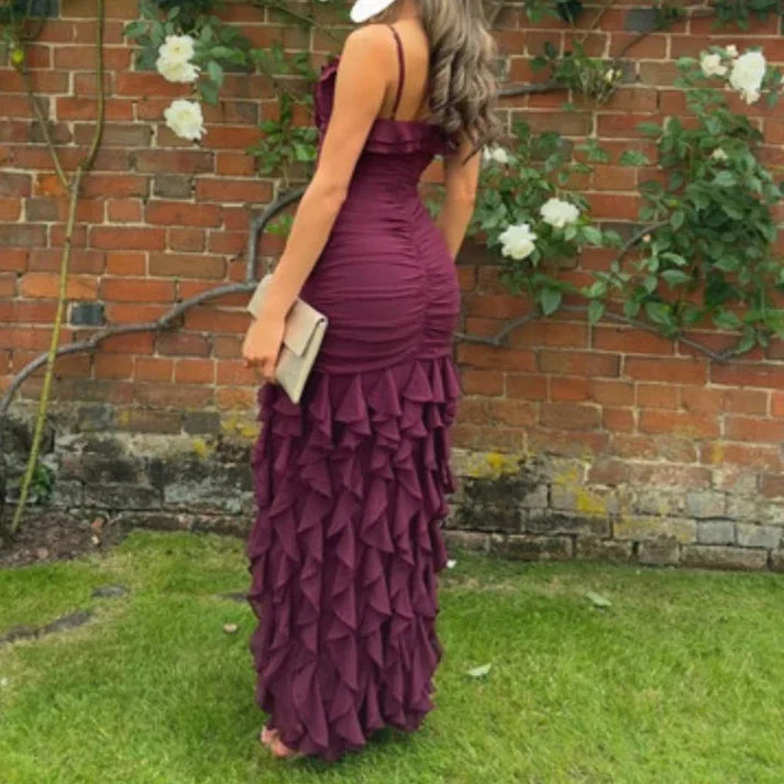 Burgundy Brick Sheath Spaghetti Straps Layered Chiffon Long Prom Dress Evening Dress with Slit SH3650