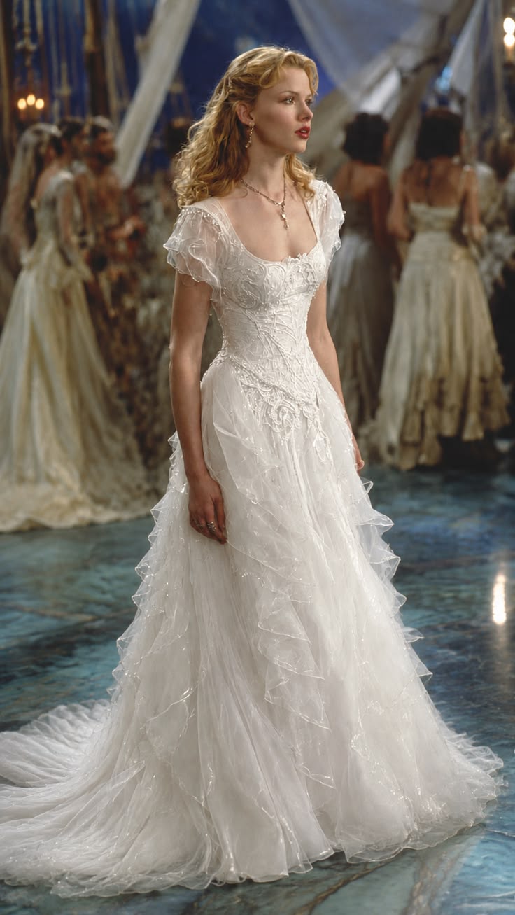 Princess Beautiful Ball Gown Beaded White Ruffle Chiffon Long Prom Dress Wedding Dress SH6680