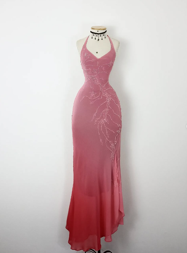 open lace back dress Retro Mermaid Halter Pink Ombre Beaded Chiffon Open Back Prom Dress Ev –  shinydress
