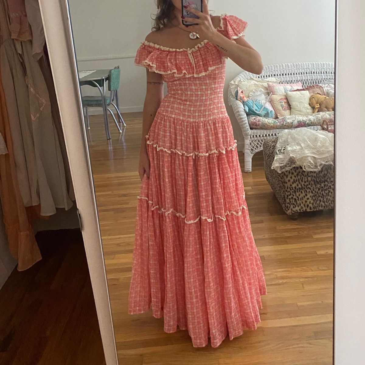 Red Lattice A Line Off the Shoulder Satin Long Party Dress Prom Dress SH7634