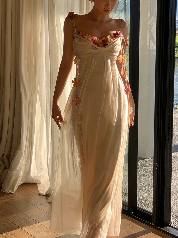 Flowy Ivory A Line Spaghetti Straps Flower Tulle Prom Dress Party Dress SH4073