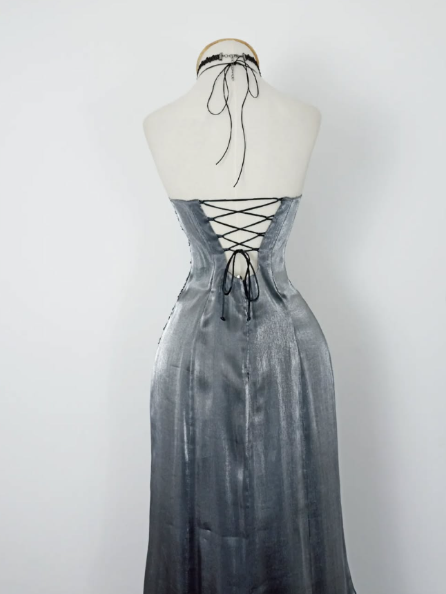 Retro A Line Spaghetti Strap Grey Beaded Satin Long Evening Dress Party Dress SH3169