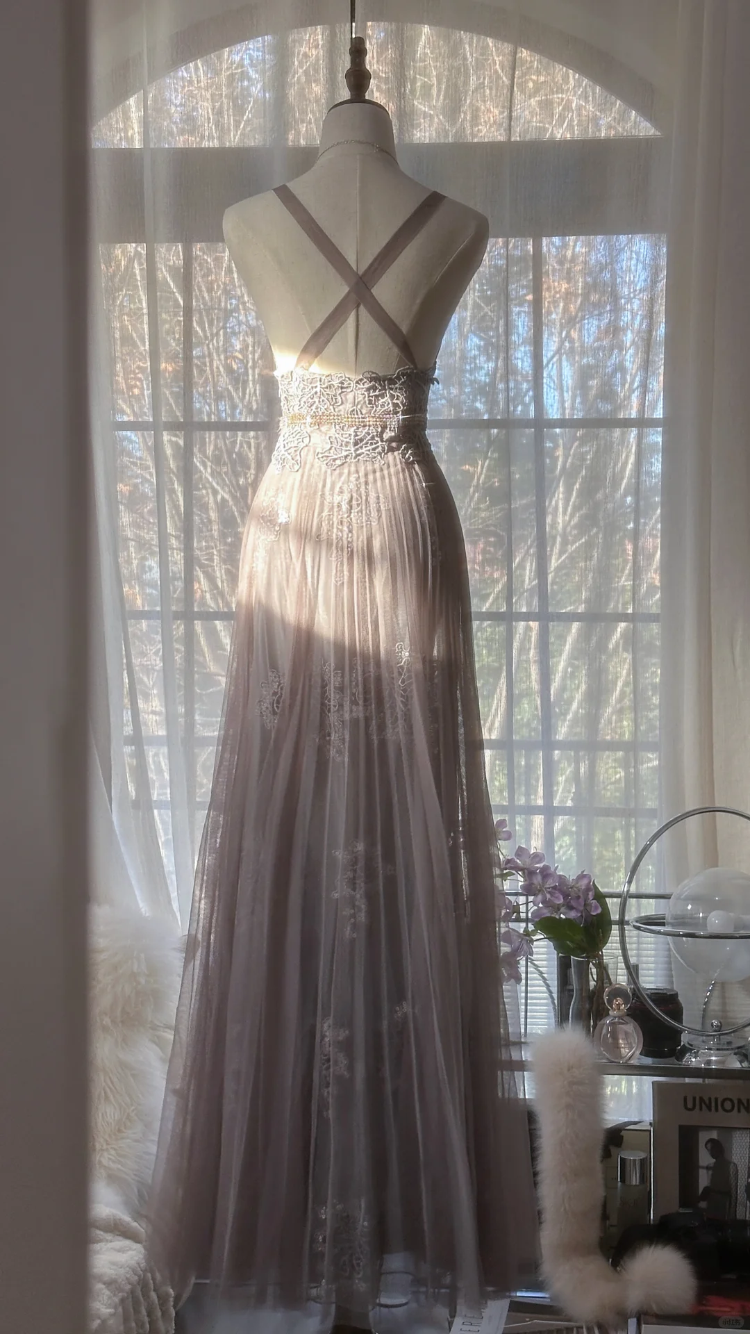 Stunning A Line V Neck Appliques Purple Tulle Long Prom Dress Evening Dress SH2970