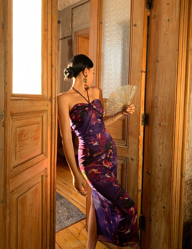 Sexy Purple Print Floral Sheath Halter Chiffon Long Prom Dress Party Dress SH4033