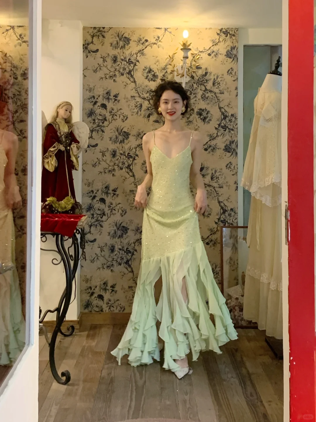Vintage Light Green Mermaid Spaghetti Strap Beaded Ruffle Chiffon Prom Dress 16th Birthday Dress SH4403