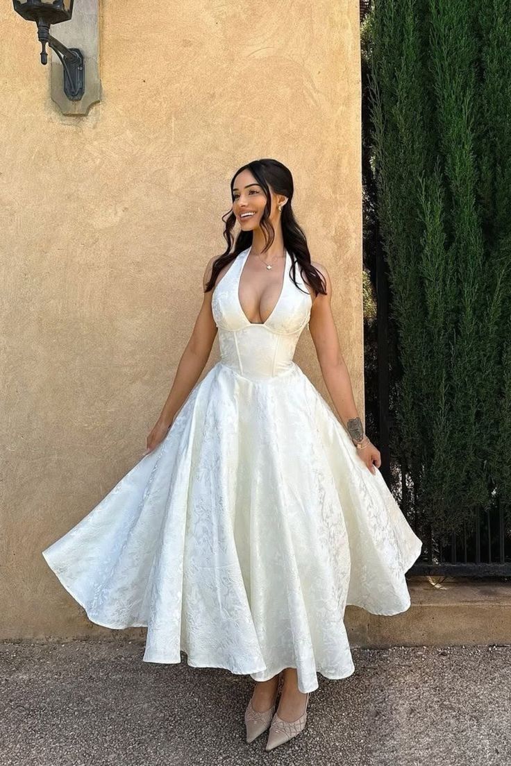 Elegant White A Line Halter V Neck Print Satin Prom Dress Party Dress SH8402
