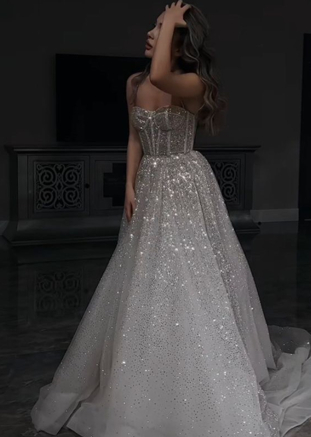 Shiny Silver Sequin A Line Sweetheart Neck Corset Tulle Prom Dress Evening Dress SH6328