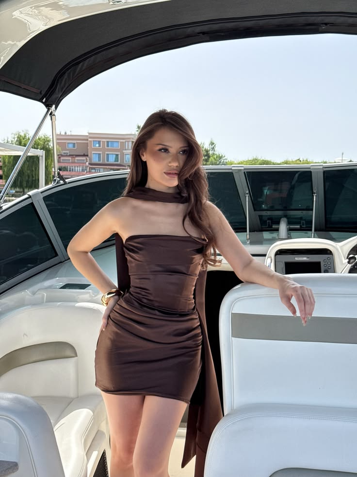 Simple Brown Sheath Strapless Satin Short Prom Dress Homecoming Dress SH8359