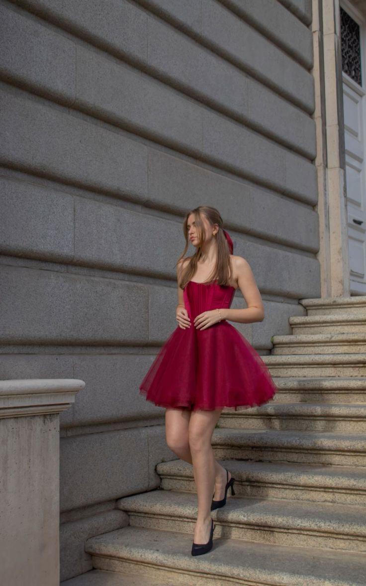 Burgundy A Line Strapless Satin Tulle Mini Homecoming Dress Cocktail Dress SH3724