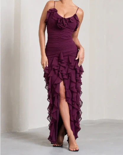 Burgundy Brick Sheath Spaghetti Straps Layered Chiffon Long Prom Dress Evening Dress with Slit SH3650