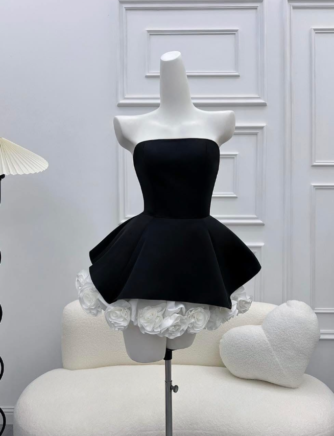 A Line Strapless Flower White Satin Black Velvet Short Homecoming Dress Cocktail Dress SH3119