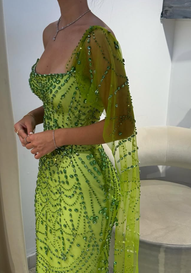 Green Sheath Strapless Rhinestone Tulle Prom Dress Evening Dress SH4545