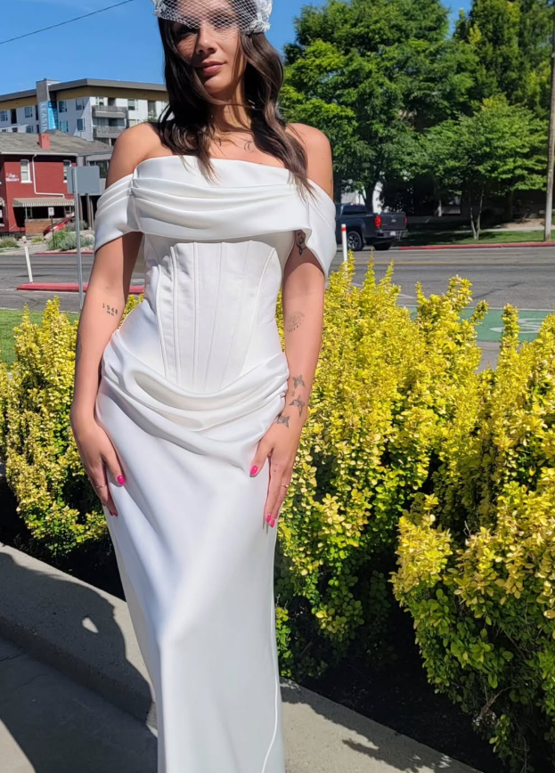 Simple Sheath Off the Shoulder Corset Satin Long Wedding Dress SH7140