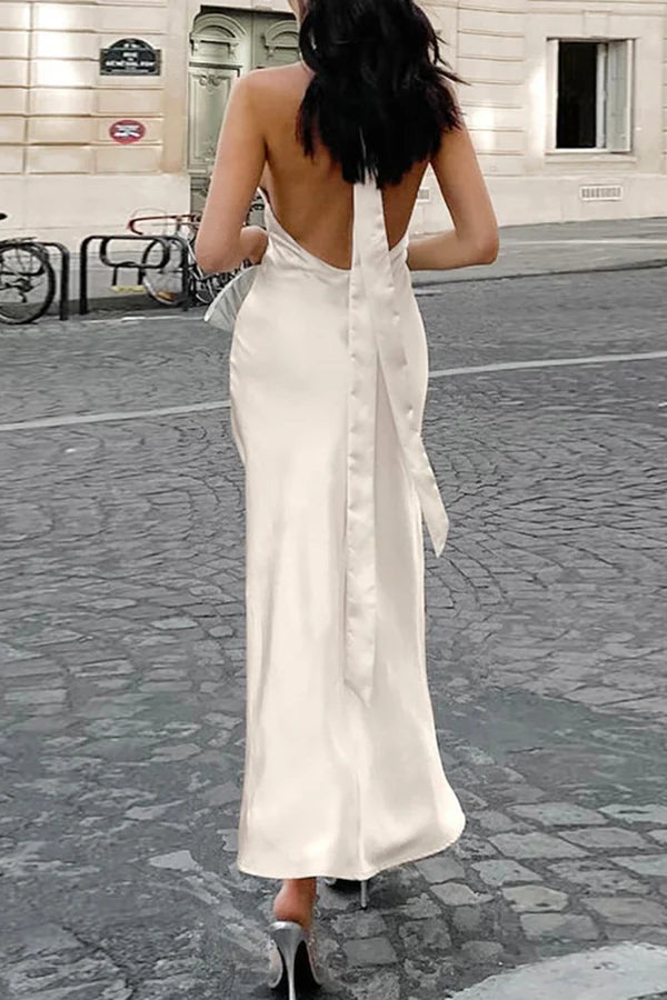 Simple Sheath Halter Light Champagne Satin Open Back Prom Dress Evening Dress SH2358