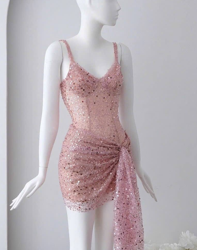 Sexy A Line Straps Pink Sequin Short Homecoming Dress SH4789