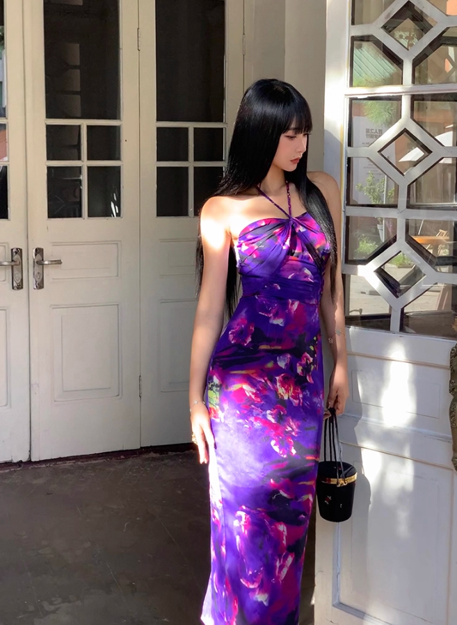 Sexy Purple Print Floral Sheath Halter Chiffon Long Prom Dress Party Dress SH4033