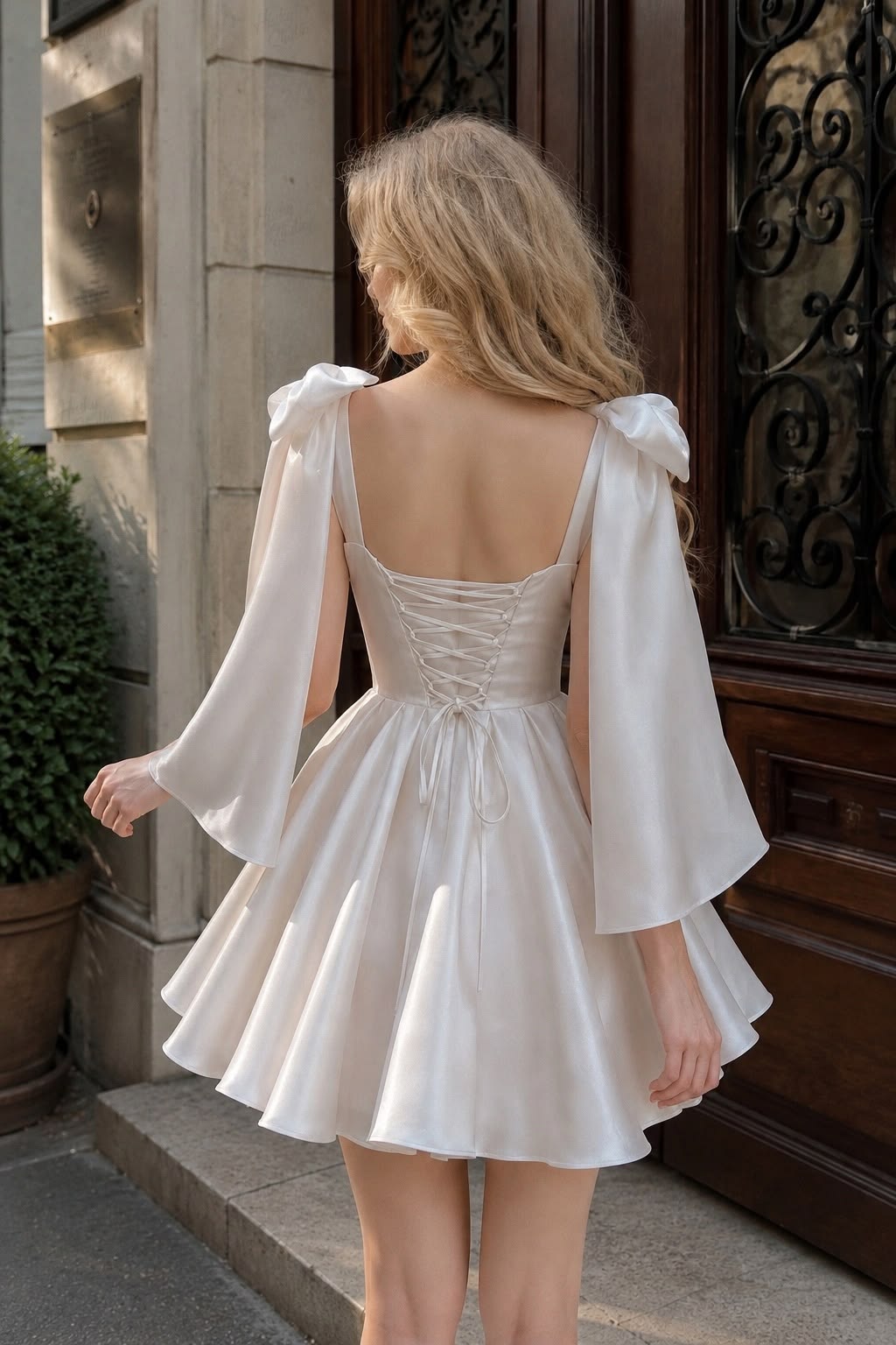 Cute Ivory A Line Bow Straps Satin Short Prom Dress Homecoming Dress SH6381