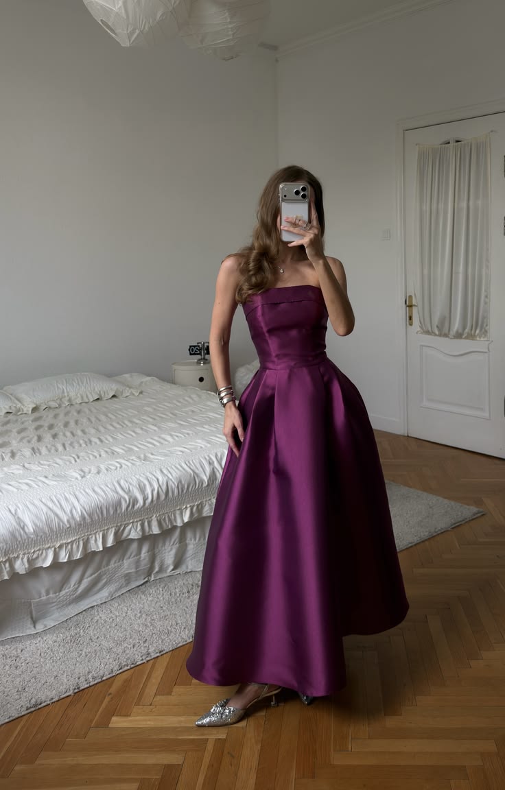 Simple Dark Purple A Line Strapless Satin Long Prom Dress Evening Dress SH8845