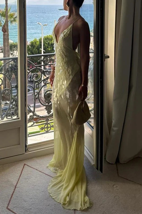 Sexy Sheath V Neck Light Yellow Sequin Chiffon Long Prom Evening Dress SH2389