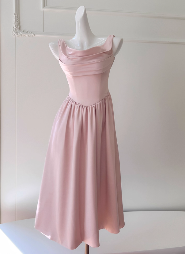 Gentle Pink A Line Straps Pleated Satin Homecoming Dress SH4507