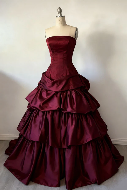 Burgundy A Line Strapless Layered Satin Long Prom Dress Graduation Prom Dress SH5381