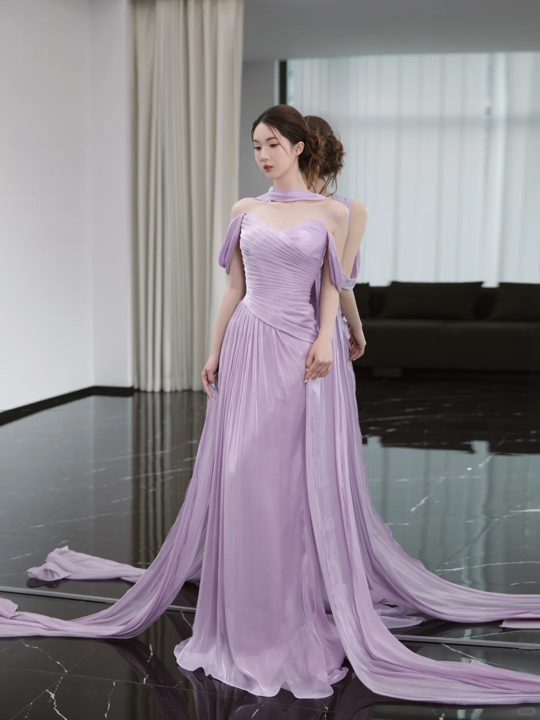 Gentle Purple A Line Off the Shoulder Pleated Satin Prom Dress Evening Dress SH4214