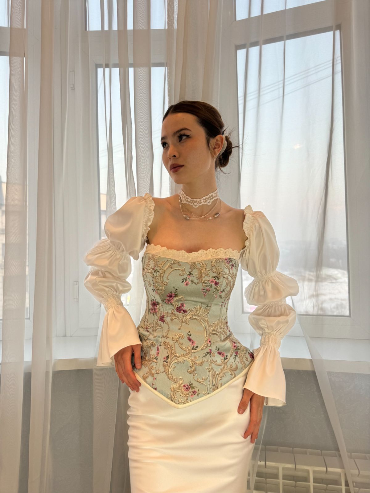 Vintage Two Piece Sheath Long Sleeve White Satin Long Prom Dress Date Dress SH7431