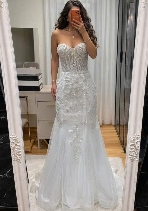 Chic Mermaid Sweetheart Neck White Beaded Sequin Tulle Prom Dress Wedding Dress SH9050