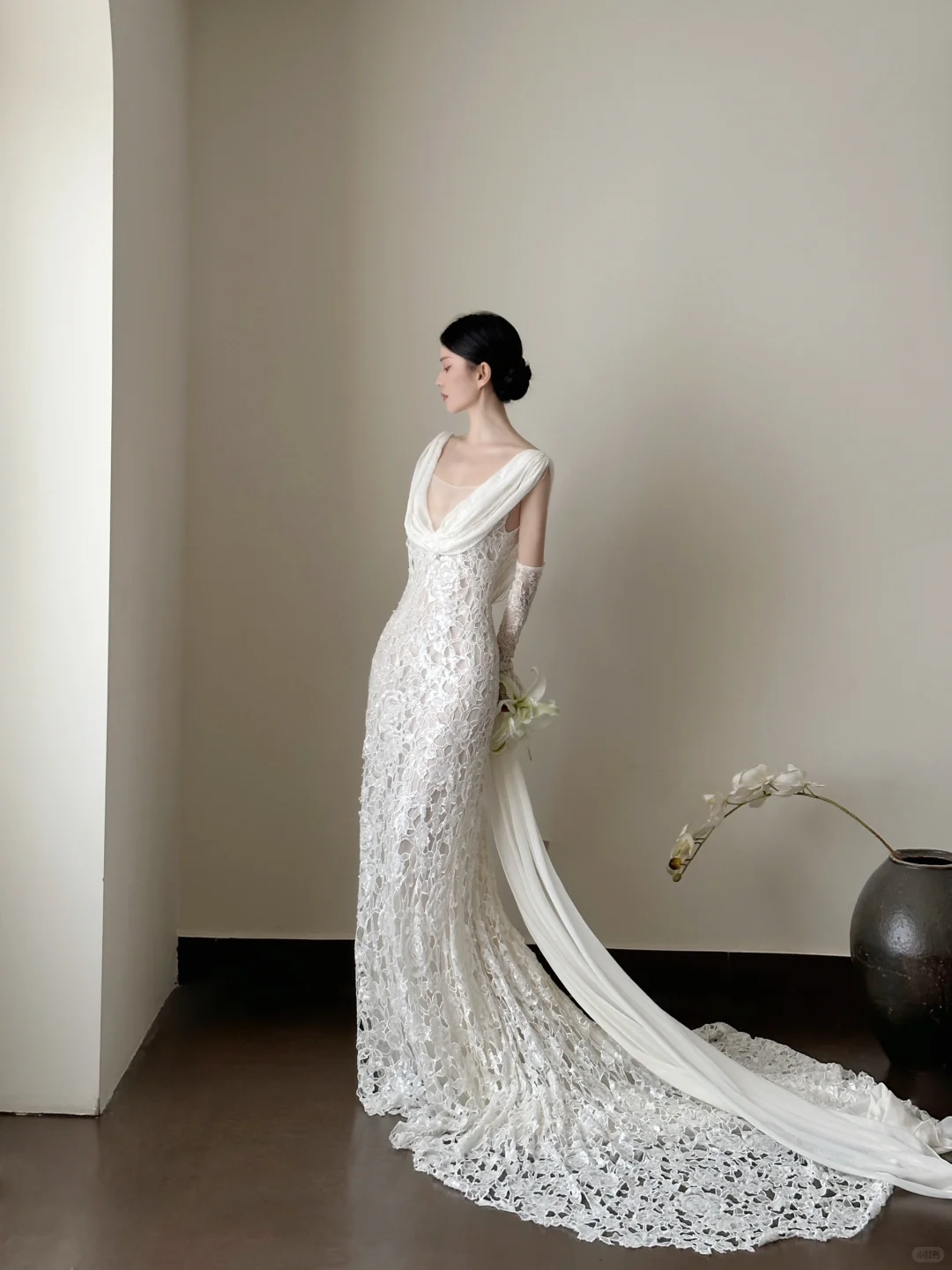 Retro Mermaid V Neck White Lace Chiffon Long Prom Dress Wedding Dress SH3963