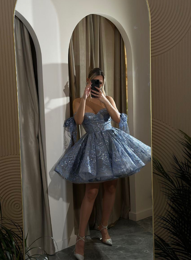 Blue Stunning A Line Off the Shoulder Sequin Tulle Homecoming Dress Cocktail Dress SH3496