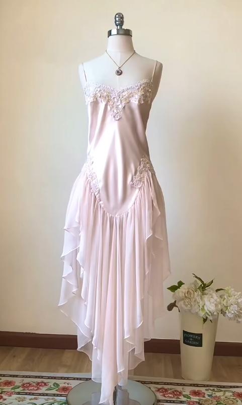 Gentle A Line Spaghetti Straps Lace Light Pink Satin Chiffon Prom Dress Evening Dress SH4242