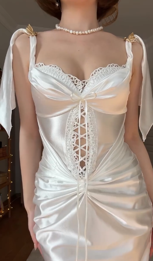 White Elegant Sheath Spaghetti Strap Classic Satin Prom Dress Outfits SH4864