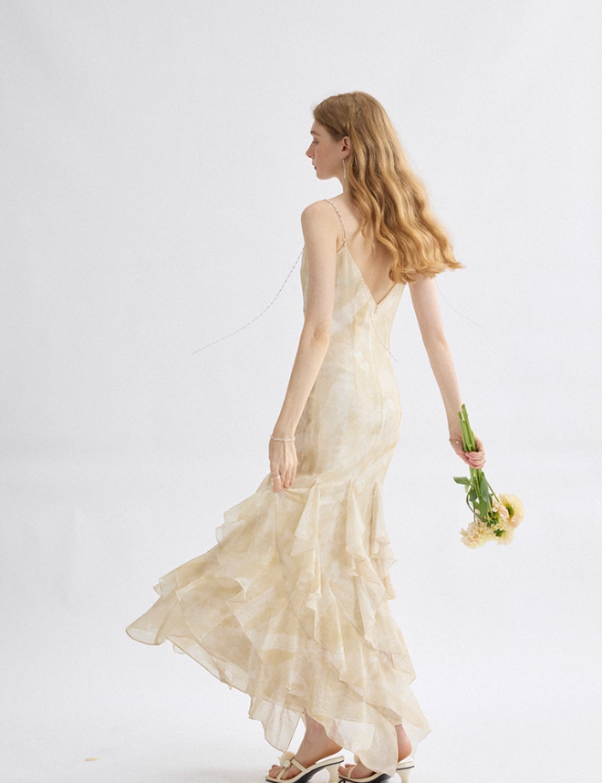 Apricot Mermaid Spaghetti Strap Ruffle Chiffon Long Prom Dress Party Dress SH4147