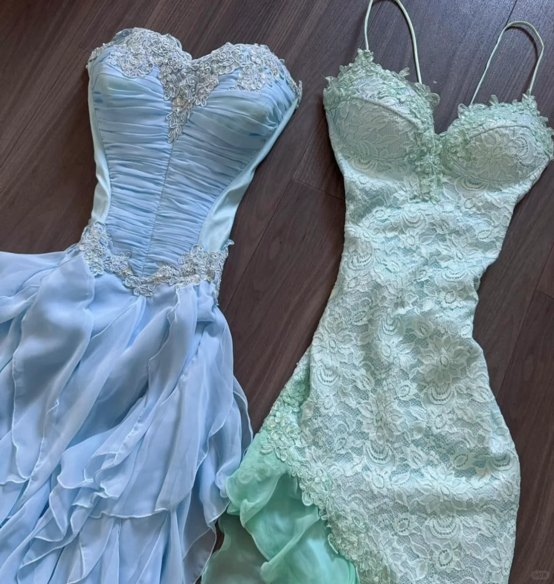 Baby Blue Dreamy A Line Sweetheart Neck Lace Ruffle Chiffon Evening Dress Party Dress SH3425