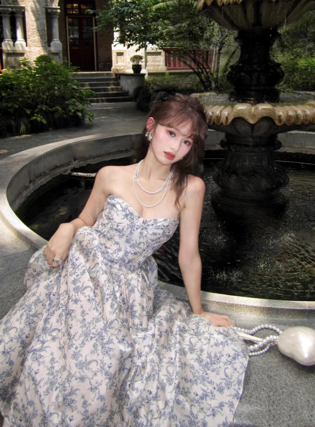 Blue A Line Sweetheart Neck Print Floral Satin Prom Dress 16th Birthday Dress SH3984