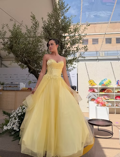 Yellow A Line Sweetheart Neck Corset Beaded Ruffle Tulle Long Prom Dress Evening Dress SH8818