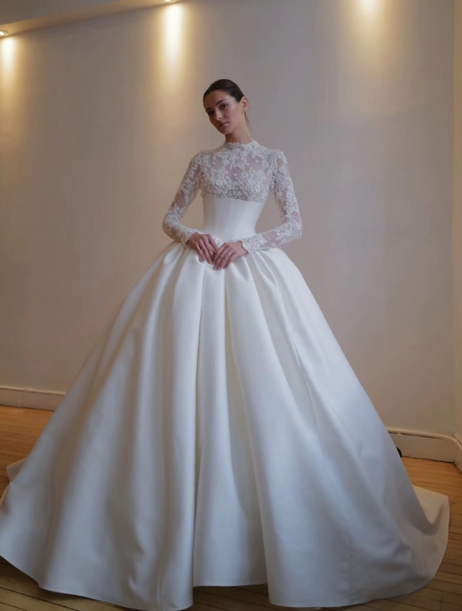 Ball Gown Long Sleeve White Lace Satin Long Wedding Dress SH7358