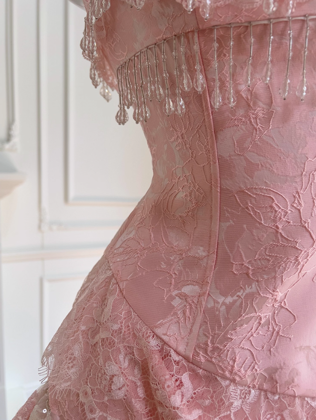 Pink A Line Spaghetti Strap Beaded Lace Homecoming Dress Birthday Dress SH4509