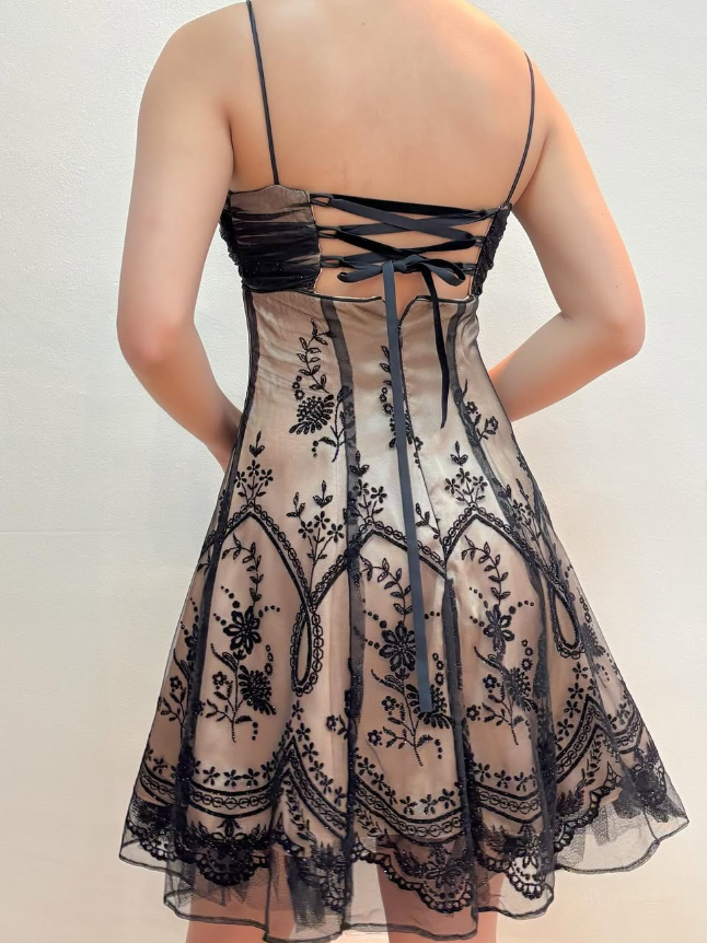 Vintage A Line Spaghetti Strap Embroidery Chiffon Satin Short Homecoming Dress SH2053