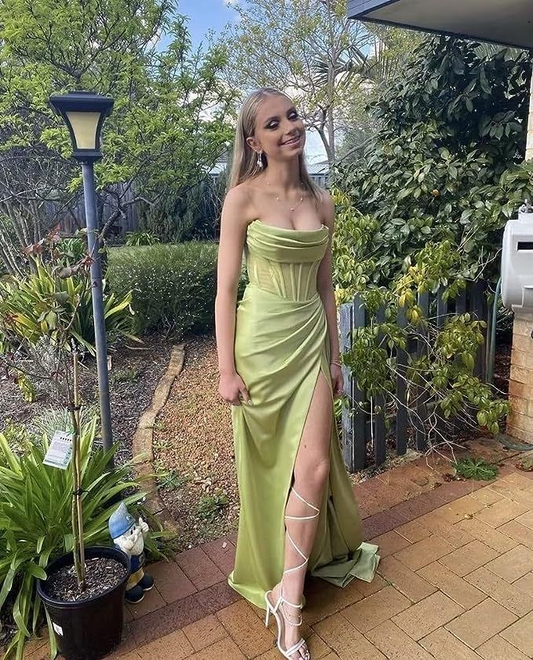 Strapless Long Mermaid Slit Corset Prom Dresses Ruched Formal Evening Party Dresses Bridesmaid Dresses SH849