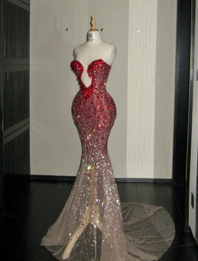Mermaid Sweetheart Neck Red Ombre Sequin Tulle Long Prom Dress Graduation Prom Dress SH2460