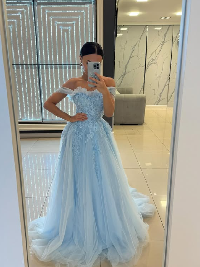 Princess Blue A Line Off the Shoulder Appliques Tulle Prom Dress Evening Dress SH6436
