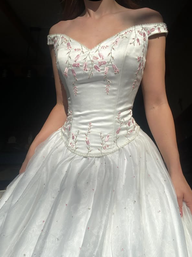 Retro Princess Ball Gown Off the Shoulder Pink Floral Satin Tulle Wedding Dress Prom Dress SH5938