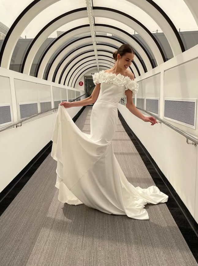 Beautiful Mermaid Off the Shoulder Floral White Satin Prom Dress Wedding Dress SH6519