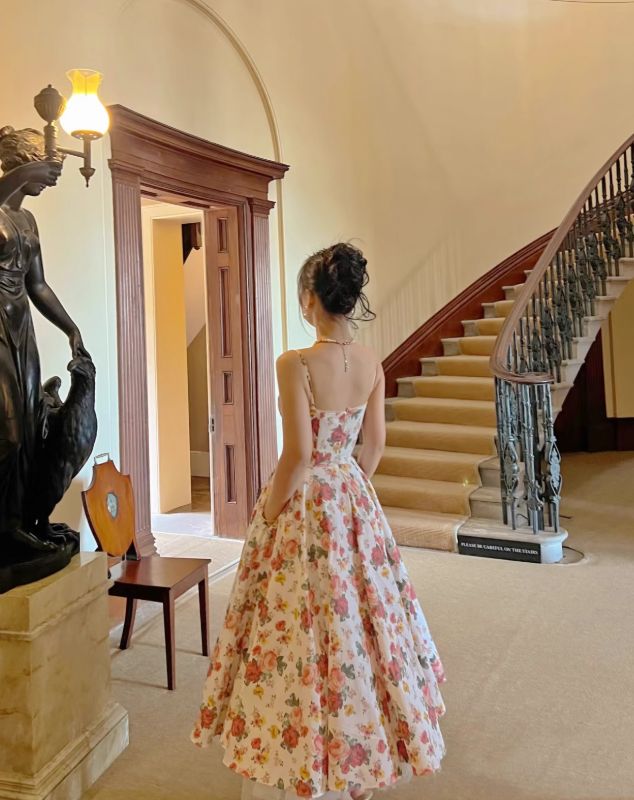 Princess A Line Spaghetti Strap Print Floral Satin Prom Dress 16th Birthday Dress SH3982