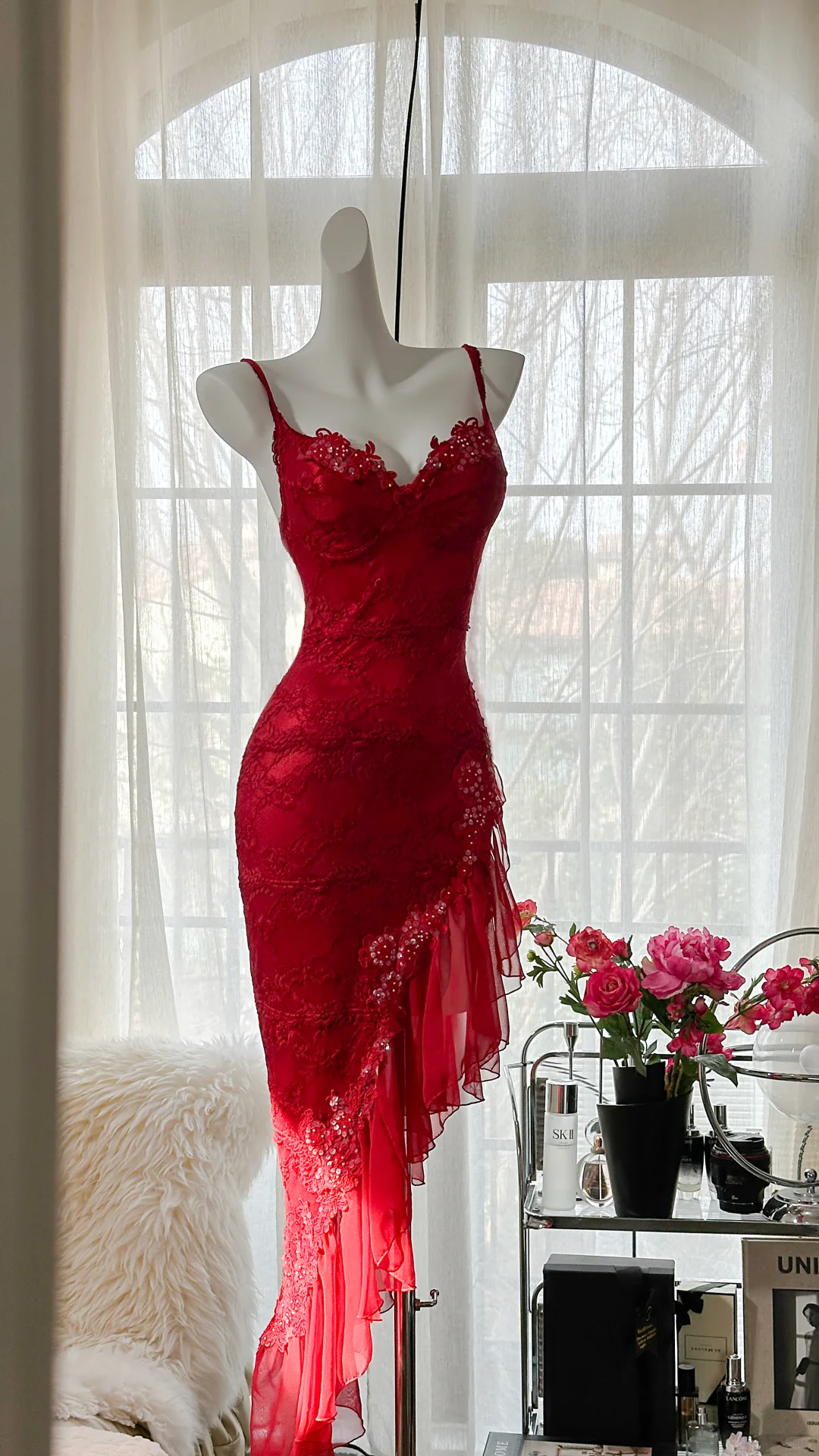 Sexy Sheath Spaghetti Strap Red Lace Chiffon Party Dress Evening Dress SH2956