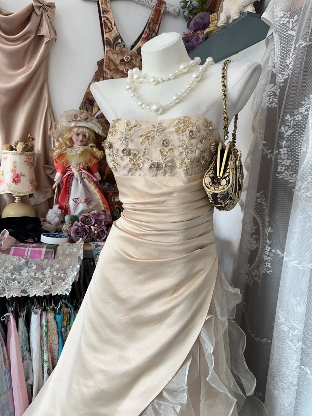 Apricot A Line Strapless Beaded Ruffle Organza Satin Prom Dress Evening Dress SH5622