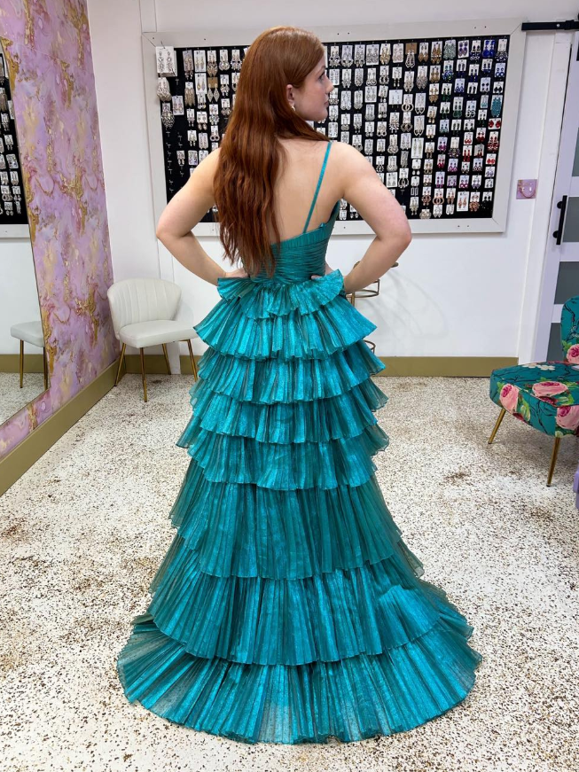 Unique Blue A Line Spaghetti Strap Layered Tulle Long Prom Dress Evening Dress SH6804